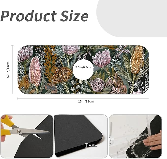 Kitchen Sink Splash Guard，Bohemian flowers and plants Faucet Mat Sink Gadgets-Super Absorbent Fast Drying Mat Drip Catcher for Kitchen, Bathroom,Sink Mat, Dish Drying Mat, Bathroom(15" X 5.5" )