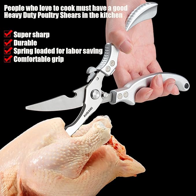 AUDAMI 2-Piece Kitchen Shears Set, Heavy Duty Professional Poultry Meat Scissors,Multi-Purpose Stainless Steel, Dishwasher Safe