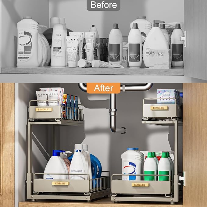 HOMEAILIE Under Sink Organizer, High Adjustable 2 Tier Under Kitchen Sink Organizer, Multi-Purpose Storage Shelf for Kitchen Bathroom Cabinet, Gray