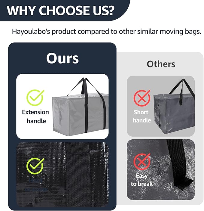 Moving Bags Heavy Duty Extra Large, Moving Boxes, Moving Supplies Essentials, Blue Storage Bins with Lids, Plastic Packing Totes, Storage Bags for Clothes with Handles & Zippers(Black, 12 Pack)