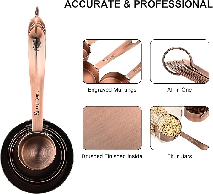 Nstezrne Copper Measuring Cups and Spoons Set 17 for Dry & Liquid, Metric & Us Stainless Steel Measuring Cups and Spoons Set with Leveler for Kitchen & Baking with 3/4 & 2/3 Measurer Cup