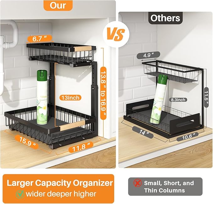 PXRACK Under Sink Organizer, Adjustable Height, 2 Tier Pull Out Under Cabinet Organizer, Slide Out Thickened Metal Under Sink Storage for Kitchen Bathroom Laundry Pantry Cabinet, 2-Pack, Black