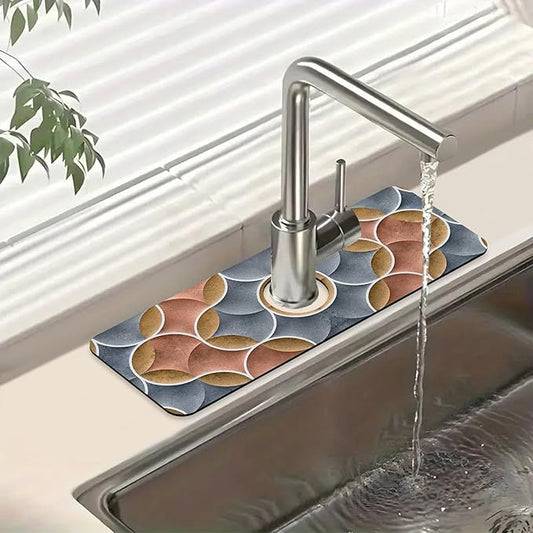 Geometric Printing Sink Faucet Absorbing Mat Ceramic Tile Texture Super Absorbent Fast Drying Mat Sink Gadgets Behind Faucet Sinkmat for Kitchen Bathroom, 15.5"x5.5"