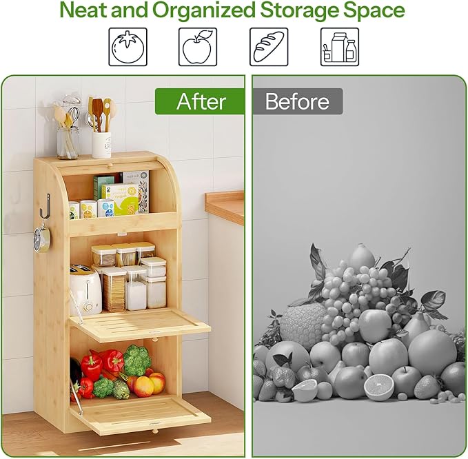 HOOBRO Potato Storage Bin, Large Bamboo Bread Box for Kitchen Counter, 3 Tier Onion Organizer with Grocery Section, Decorative Fruit and Vegetable Box for Kitchen, Natural YL14MB01