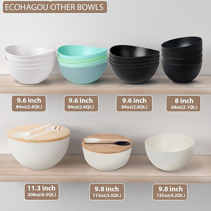 11.3" Extra Large Salad Bowl with Wooden Lid & Servers, 208Oz, Oversized Bamboo Fiber Salad Serving Set with Utensils for Home/Kitchen, Big Lightweight Bowl for Mixing Salad,Fruit,Pasta - Turquoise