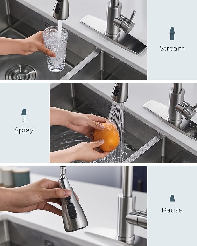 FORIOUS Kitchen Faucets with Pull Down Sprayer, Brushed Nickel, High Arc Single Handle Classic Stainless Steel Sink Faucet 1 or 3 Hole, Suitable for Farmhouse Camper Laundry Rv Bar