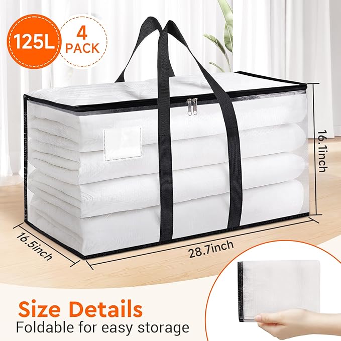 BlissTotes 4-Pack Heavy Duty Extra Large Clear Moving Bags, 125L, Reinforced Handles & Tag Pocket