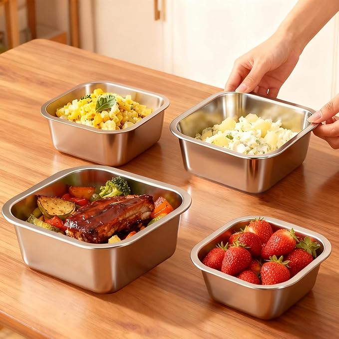 4-Piece Stainless Steel Snack & Lunch Box with Lids Set (Size 4.5", 5.5", 6.3", 7"), Stackable Metal Food Storage Containers, Airtight Leakproof Lunch Containers, Dishwasher Safe Bento Box