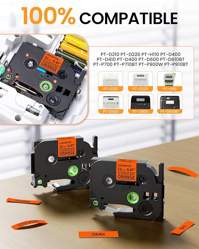 Replacement for Brother P Touch Label Tape Black on Fluoresent Orange TZe-B31 TZeB31 12mm 0.47'' Laminated TZe TZ Label Maker Tape, Compatible with PT-D210 PT-D220 PT-H110 PT-D400 PT-D600, 2-Pack