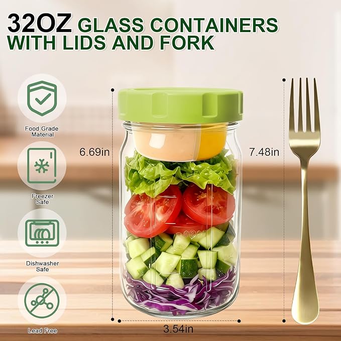 4 Pack Glass Salad Jars with Lids,32oz Mason Jars for Meal Prep,Leakproof Lunch Container with Two Small Built-in Boxes for Wet/Dry Separation of Salad Dressing and Dry Ingredients (4 Color Pack)