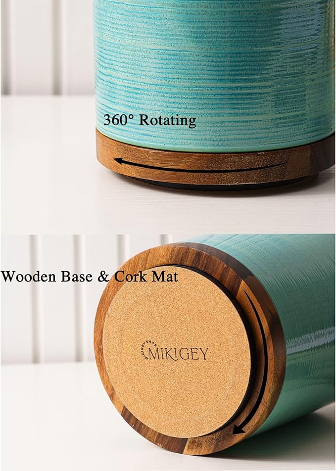 MIKIGEY Utensil Holder, 360° Rotating Extra Large Ceramic Kitchen Utensil Holder for Countertop, Cooking Utensil Crocks for Counter with Rotatable Wooden Base, Farmhouse Kitchen Decor, Green