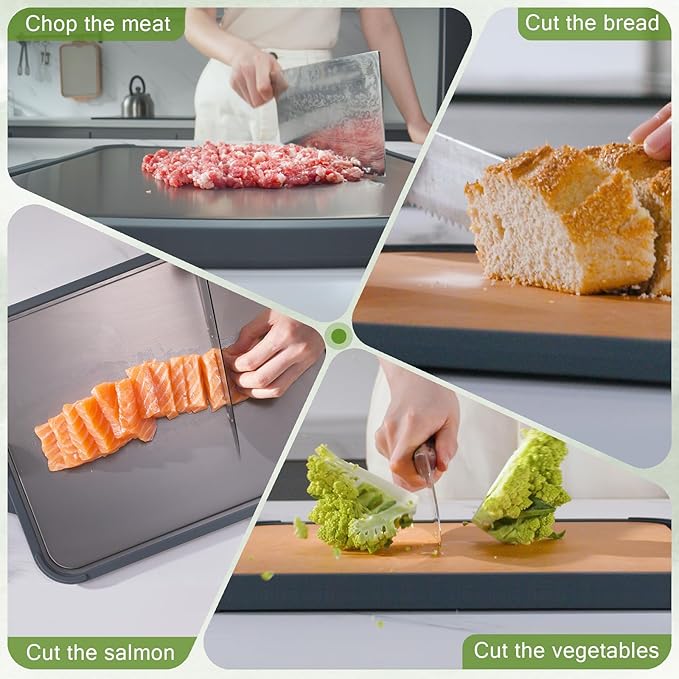 Titanium Cutting Board for Kitchen, Double Sided Pure Titanium and Wood Fiber Cutting Board with Juice Groove, Food Grade Material, for Chopping Meat/Vegetables/Fruit Dishwasher Safe 16"×11"