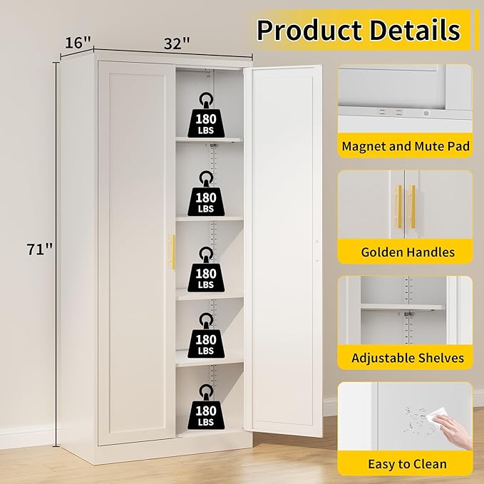 Metal Kitchen Pantry Cabinet, 71"Tall Cabinet with 2 Doors and 4 Adjustable Shelves, Pantry Cabinets for Kitchen Storage, Metal Storage Cabinet for Kitchen, Dining Room, Living Room and Bathroom-White