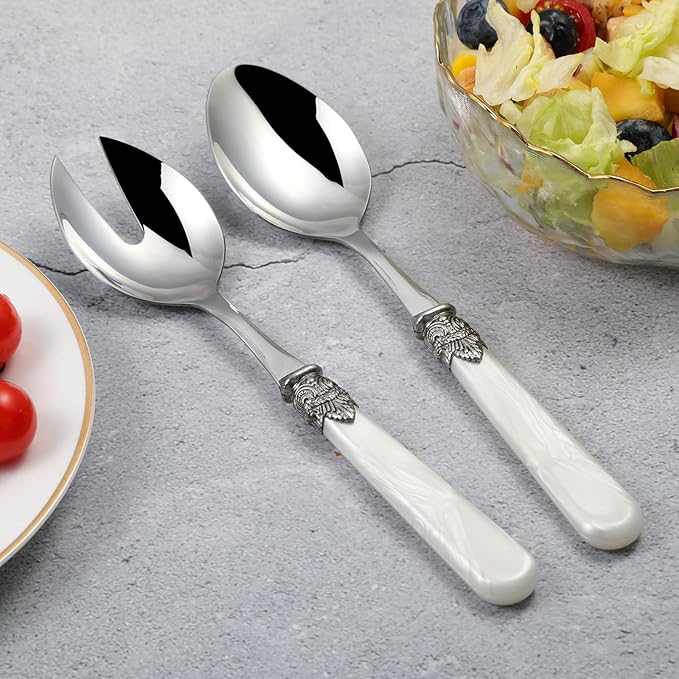 CATHYLIN 2-piece Salad Servers Stainless Steel Salad Serving Set Salad Fork and Spoon (White)