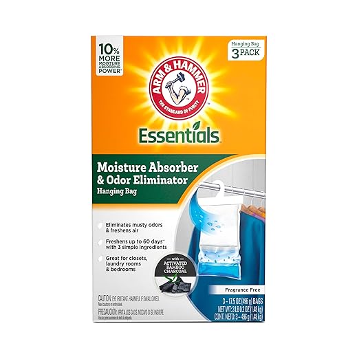 Arm & Hammer Essentials Hanging Moisture Absorber and Odor Eliminator, 17.5 oz., 3 Pack, Fragrance Free, Moisture Absorbers for Closets, Laundry Rooms and Bedrooms, Long-Lasting Freshness