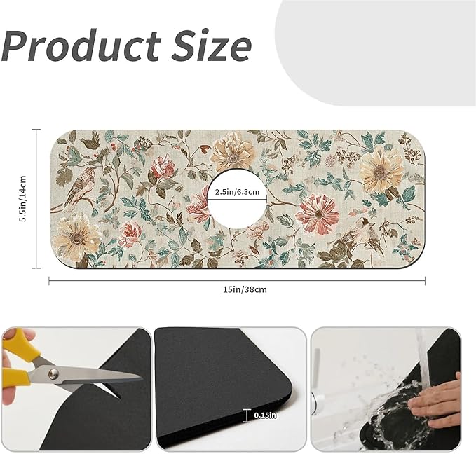 Kitchen Sink Splash Guard，Charming flowers Faucet Mat Sink Gadgets-Super Absorbent Fast Drying Mat Drip Catcher for Kitchen, Bathroom,Sink Mat, Dish Drying Mat, Bathroom(15" X 5.5" )