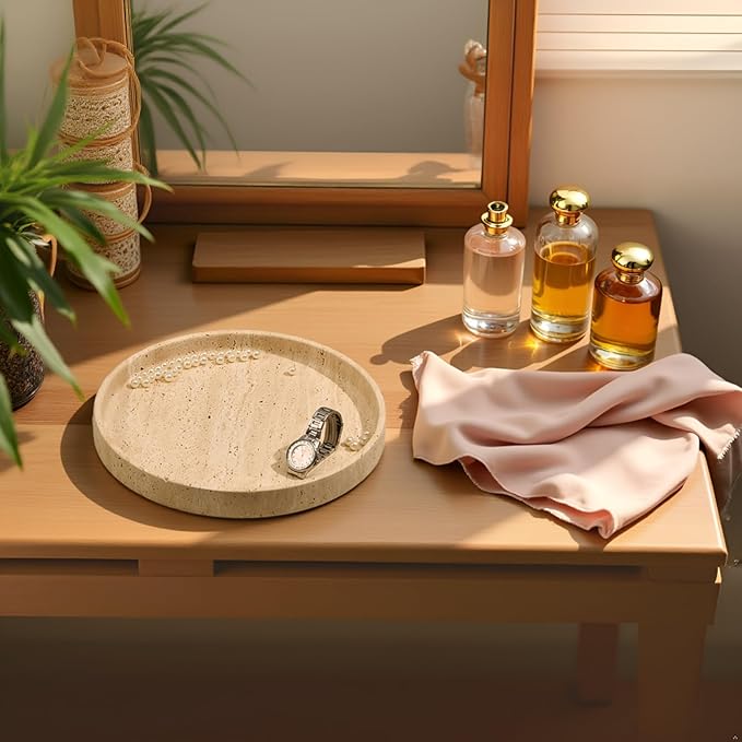 Apasqro Natural Travertine Vanity Tray – Round Beige Marble Tray for Bathroom, Jewelry, Candle, Perfume, Nightstand & Kitchen Decor, 10 Inch Wabi-sabi Style Decorative Stone Catchall Organizer
