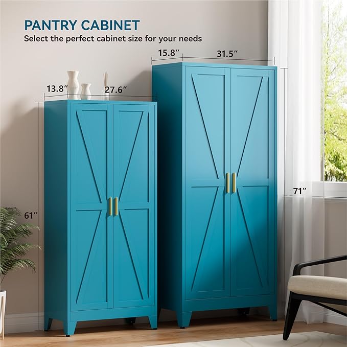 YNIQUESTLE Farmhouse Pantry Cabinet with Barn Doors, 71" H x 31.5" W, 5-Tier Metal Storage Cabinet with 4 Adjustable Shelves for Kitchen Garage Dining Room,Blue