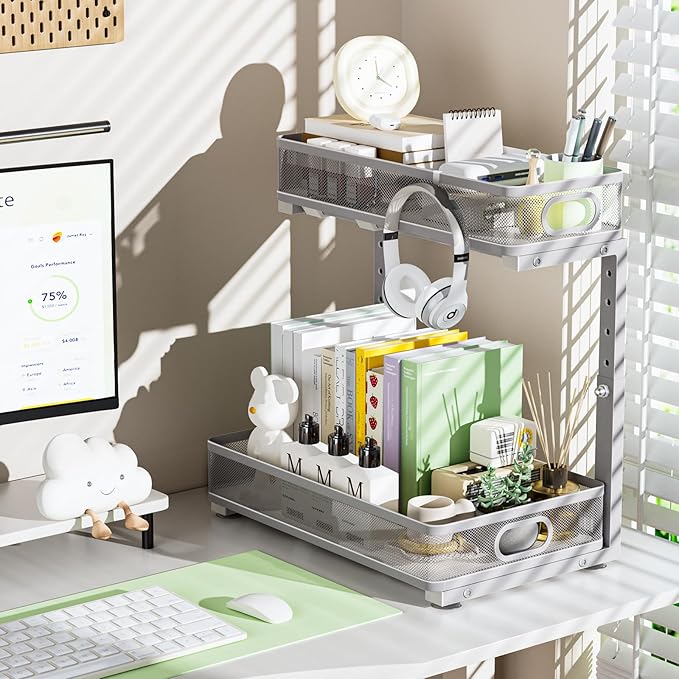 Under Sink Organizer, High Adjustable 2 Tier Under Sink Organizers and Storage, Slide Out Metal Cabinet Organizers, Pull Out Sink Storage Drawer Shelf for Kitchen Bathroom Cabinet, Grey, 2 Pack