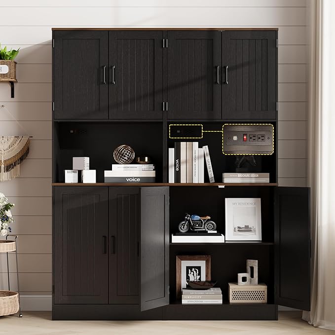 MHOM 71" Tall Pantry Cabinet with Charging Station, Farmhouse Kitchen Hutch with Adjustable Shelves, Modern Kitchen Pantry Storage Cabinet for Dinning Room & Living Room, Antique Black