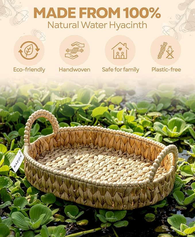 NAZOX Handwoven Water Hyacinth Storage Baskets for Toilet, Living Room, Nursery Organization - Natural Oval Set of 3 Versatile Nesting Baskets with Scalloped Edge Design & Handles