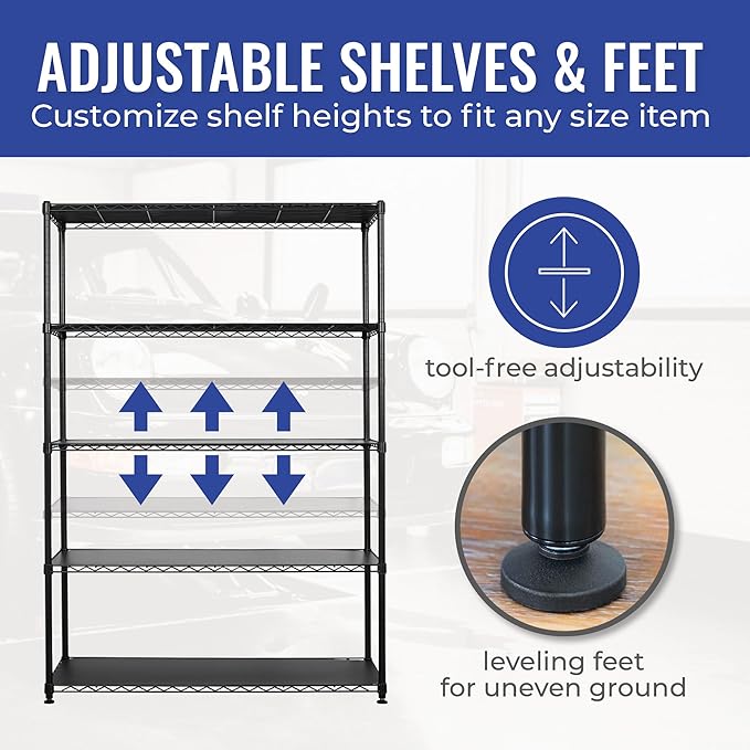 SafeRacks - NSF Certified Storage Shelves, Zinc, Heavy Duty Steel Wire Unit with Adjustable Feet, Garage or Bakers Rack, Kitchen, Pantry Shelf - (48"x18"x72" 5-Tier) (Black)