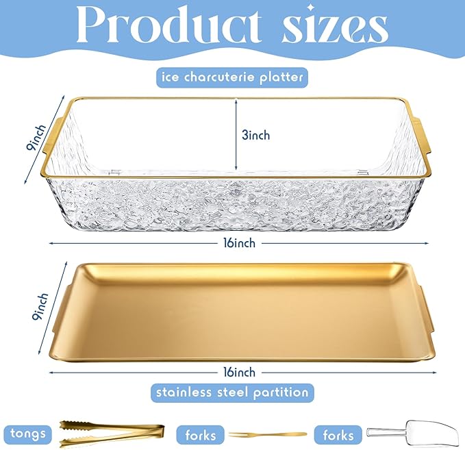 Baderke 1 Set 16" x 9.45" Chilled Serving Tray for Parties with Compartments and Lid Charcuterie Serving Board Ice Rectangle Chilled Party Platter for Seafood Vegetable Fruit Shrimp Cocktail (Gold)