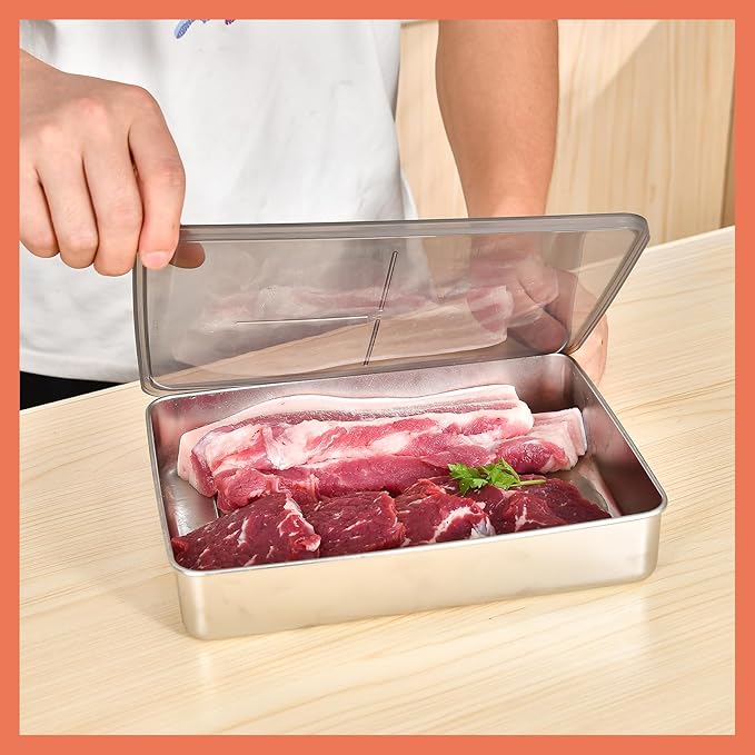 UPTRUST 6 Pack Bacon Cheese Container for Refrigerator, Stainless Steel Meat Container, Dishwasher Safe Storage Containers with Lids for Fridge, 4 Sizes