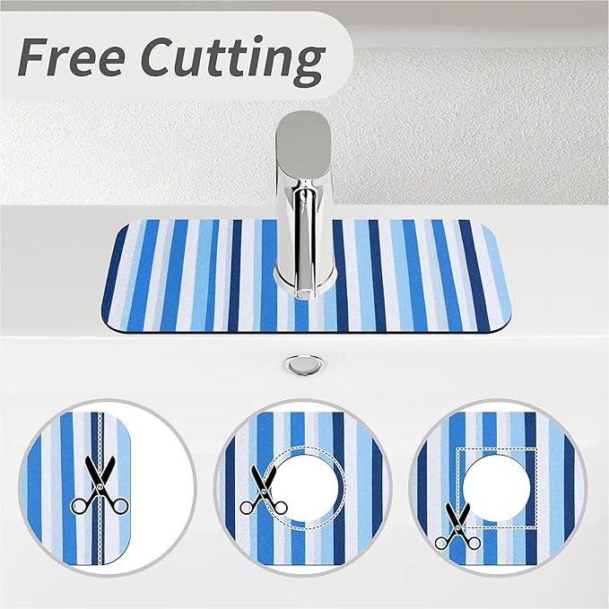 Kitchen Sink Splash Guard，Blue and white stripes Faucet Mat Sink Gadgets-Super Absorbent Fast Drying Mat Drip Catcher for Kitchen, Bathroom,Sink Mat, Dish Drying Mat, Bathroom(15" X 5.5" )