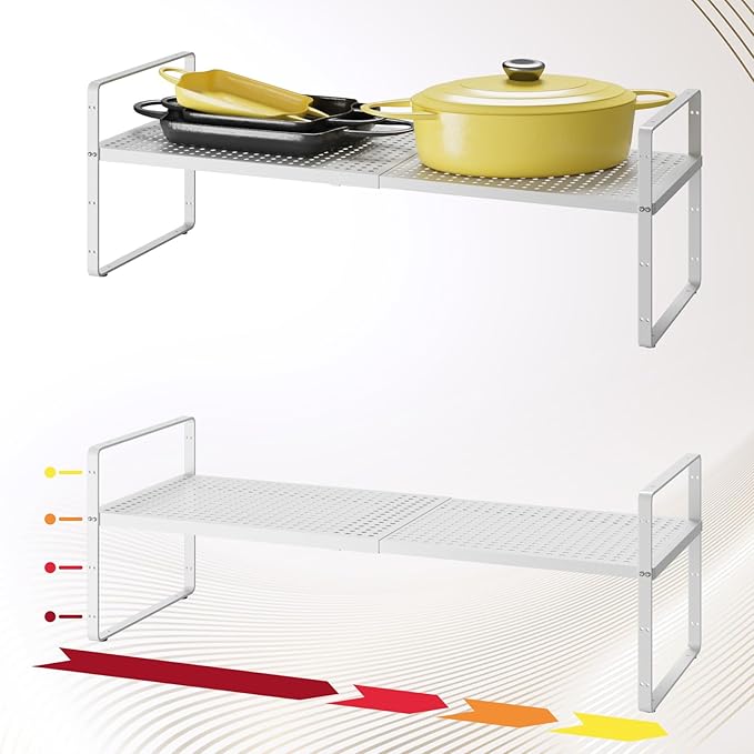 taiheis Hole Pattern Expandable Shelf Organizer,2Pack 10.2" Wide Easy to Assemble Cabinet Organizer Shelf, 16.5~27.1" Adjustable Height&Stackable Spice Organization for Cupboard, White