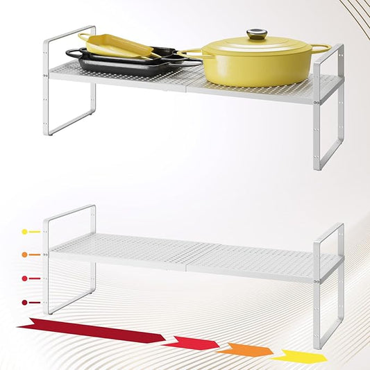 taiheis Hole Pattern Expandable Shelf Organizer,2Pack 10.2" Wide Easy to Assemble Cabinet Organizer Shelf, 16.5~27.1" Adjustable Height&Stackable Spice Organization for Cupboard, White