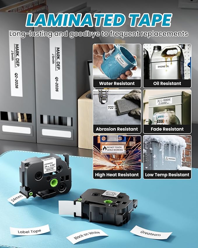 TZe-251 TZe251 24mm Label Maker Tape Compatible Brother P Touch Label Tape 1 Inch TZe TZ Tape 24mm 0.94 Inch Laminated White, Compatible with PT-D600 PT-D610BT PT-P710BT PT-P700 PT-P910BT, 4-Pack