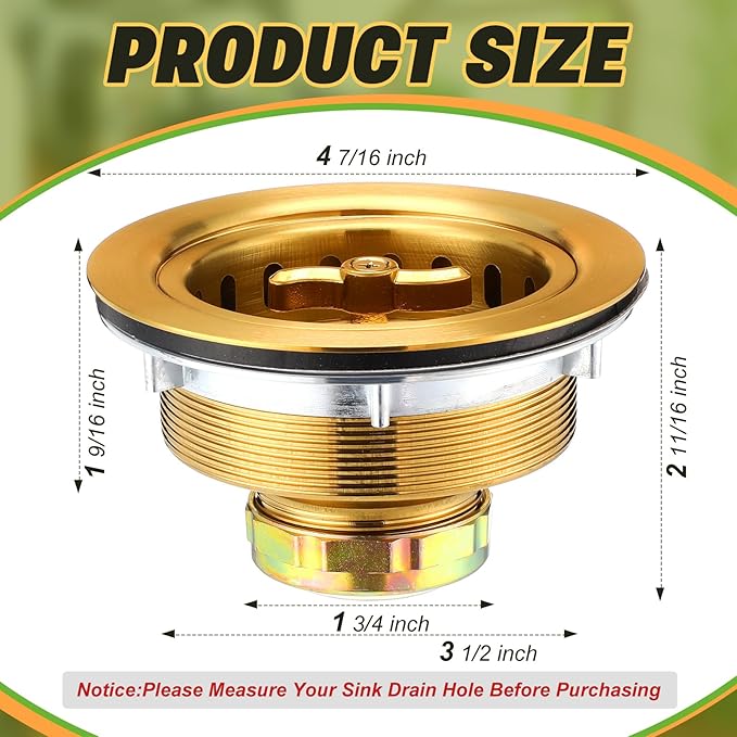 2 Pcs Kitchen Sink Drain Strainer 3-1/2 Inch Gold Stainless Steel Drainer Assembly with T Shaped Strainer Basket and Stopper for Standard 3.5 Inch Sink Drain Hole