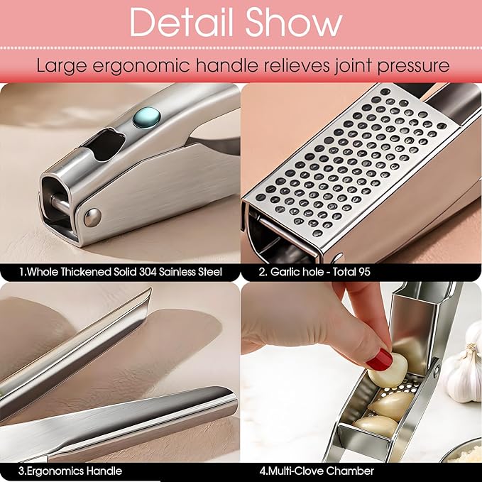UOSLOR Garlic Press Heavy Duty Mincer and Peeler Set, Rust Proof 304 Stainless Steel Garlic Crusher, Easy-Squeeze Nut Ginger Chopper, Dishwasher Safe Kitchen Gadget