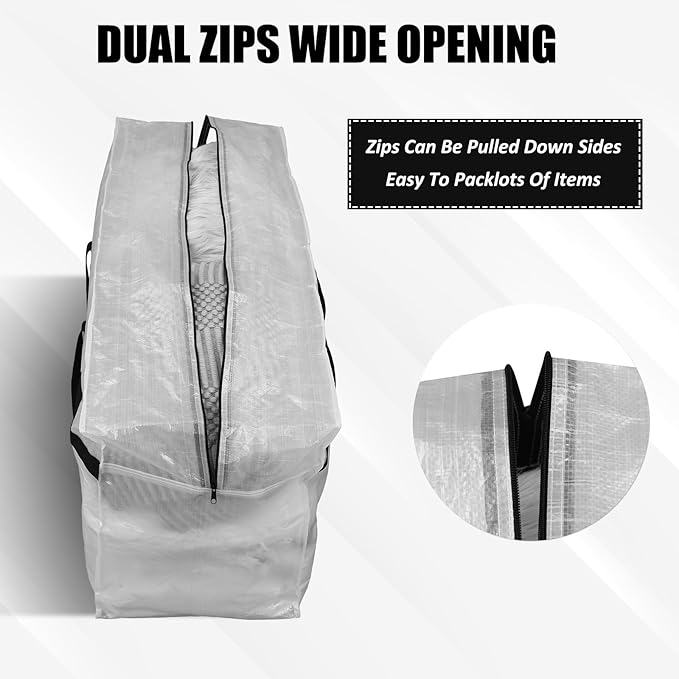 4 Pcs 66 Gallon Extra Large Moving Bags Heavy Duty Storage Bag with Strong Zipper Handle Foldable XXL Jumbo Storage Tote Packing Moving Box for College Dorm Travel Cloth Duffle (Clear)