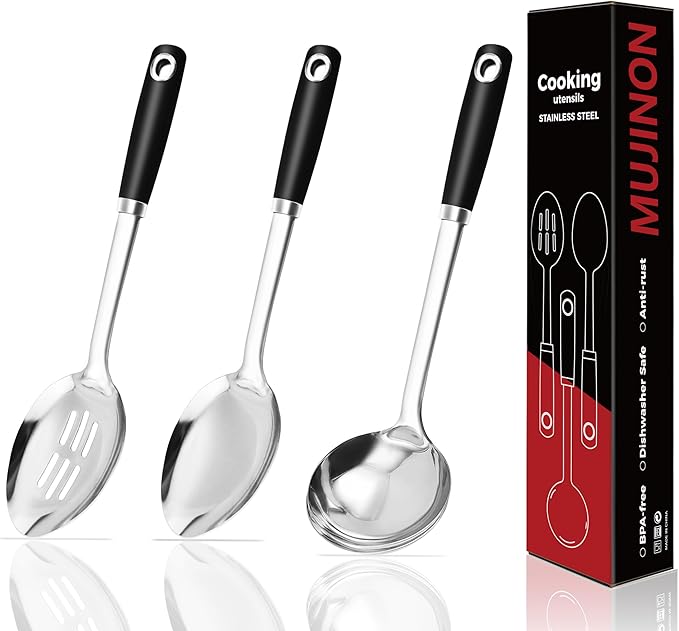 MUJINON 14-in Cooking Spoons Set, Heavy Duty 18/0 Stainless Steel Large Serving Spoons Set, Slotted Spoon, Cooking Spoon & Soup Ladle, Commercial and Residential Use, Pack of 3