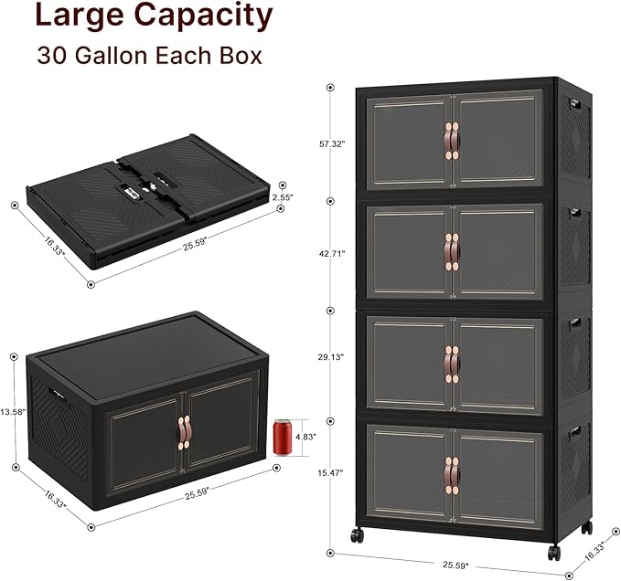 Extra Large Stackable Storage Bins with Lids & Wheels, 440QT-55QT/30GAL*8Pack Foldable Collapsible Closet Organizers Dark Storage Cabinet with Doors for Bedroom Dorm