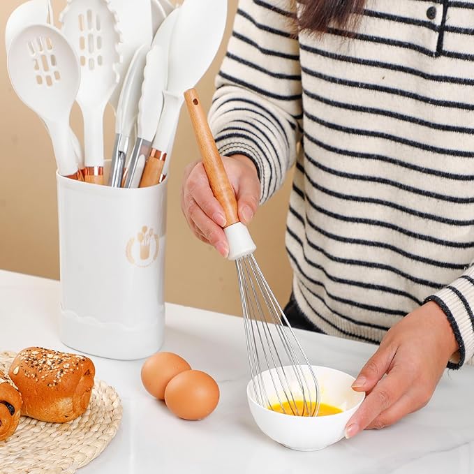 Jiufei Home Silicone Cooking Utensils Set, Kitchen Utensils Set 13 Pcs for cooking, BPA Free Spatula Set with Heat Resistant Wood Handles for Nonstick Cookware (White)