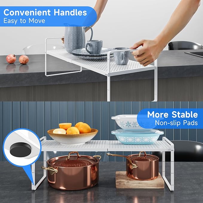 KIKIBRO Expandable Cabinet Shelf Organizers, Kitchen Small Stand Rack Organization for Countertop Cupborad Pantry, White 2 Pack