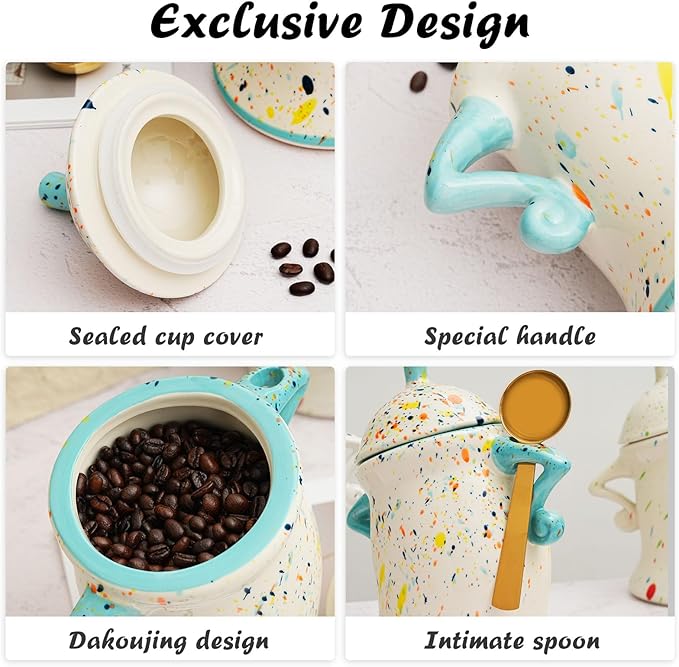 Antetek Canister With Attitude,Large Capacity Cute Sassy Storage Canister,Interesting food jars, stylish airtight large ceramic lids, coffee, tea, sugar and spice storage jars with spoons (Cyan)