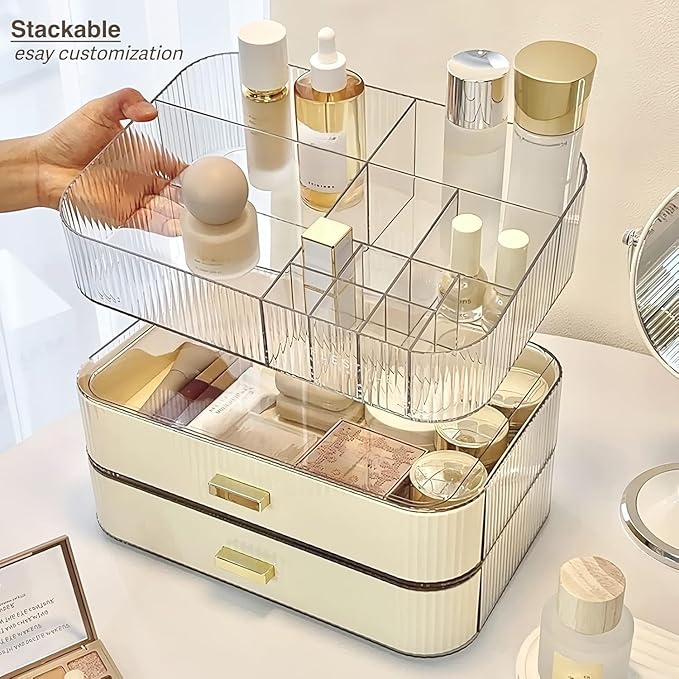 Decorcode Makeup Organizer With Stackable Drawer, Cosmetic Storage Display Case for Vanity, Bathroom Countertop or Dresser,Counter top Holder for Lipstick, Brushes, Lotions, Eyeshadow, Nail Polish