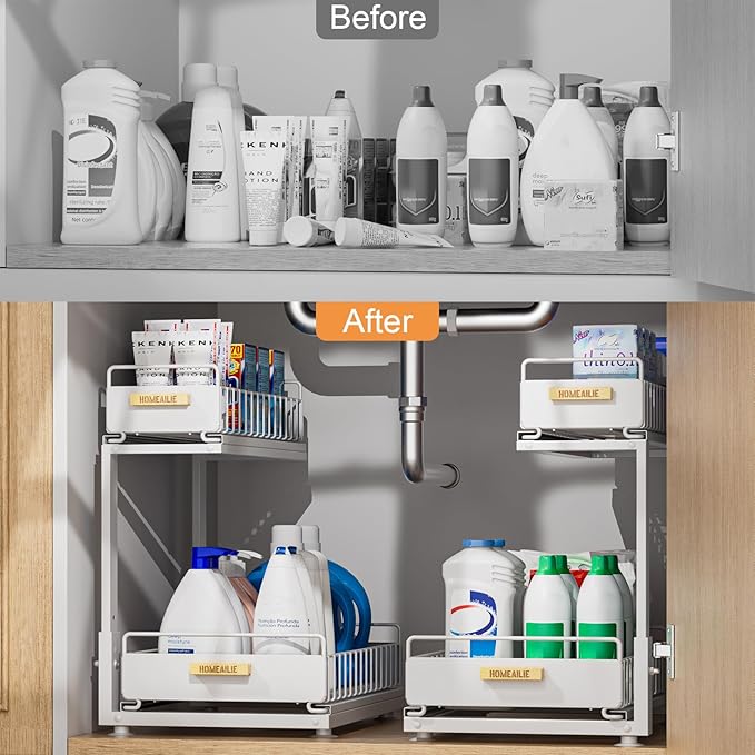 HOMEAILIE Under Sink Organizer, High Adjustable 2 Tier Under Kitchen Sink Organizer, Multi-Purpose Storage Shelf for Kitchen Bathroom Cabinet, White