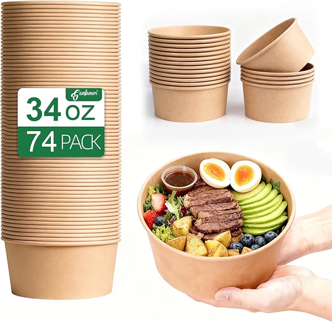 ganfaner 74 Pk Disposable Paper Round Bowls【No Lid】 34 oz, Microwave Deli Containers Leakproof, Salad Dressing Container for Lunch, Sturdy for Soup Toppings Snack Camping Family