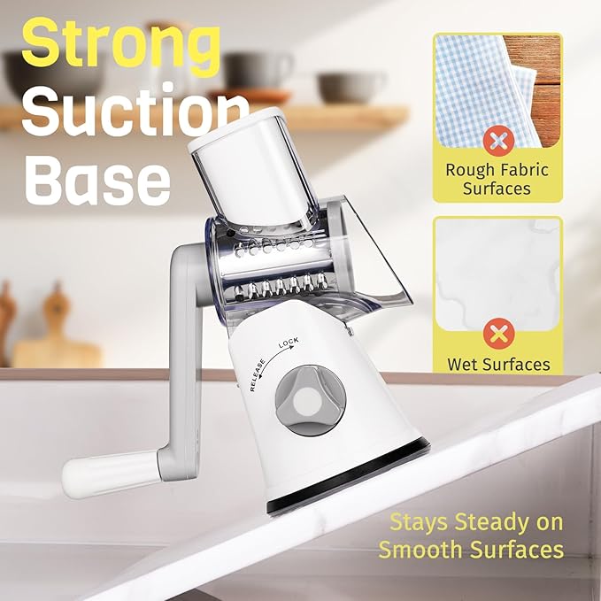 Nexsujo Rotary Cheese Grater Hand Crank, 3 Blades Slicer Shredder, Cheese Grater for Kitchen, Multi-Functional Kitchen Tool for Vegetables, Nuts, Chocolate, with Strong Suction Base, White