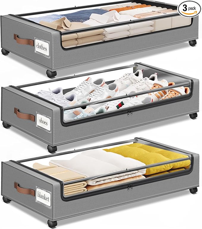 Under Bed Storage with Wheels 3Pack Underbed Storage with Clear Window&Label Under Bed Drawers Large Capacity Rolling Under Bed Storage for Clothes,Shoes, Blankets (Light Grey)