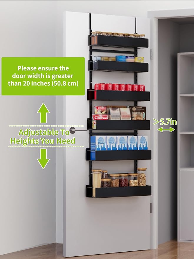 Over the Door Pantry Organizer, 6-Tier Pantry Organizers and Storage, Metal Hanging Spice Rack for Home & Kitchen, Laundry Room Bathroom Organization, Black