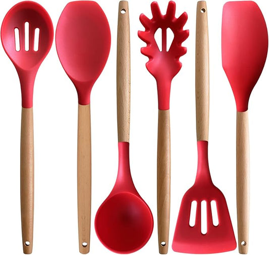 IOCBYHZ Kitchen Cooking Utensils Set 6Pcs Heat Resistant Silicone Kitchen Utensils Spatula Spoon Turner Ladle w Wooden Handle, BPA FREE Silicone Cooking Tool Gadget Set for Nonstick Cookware & Baking