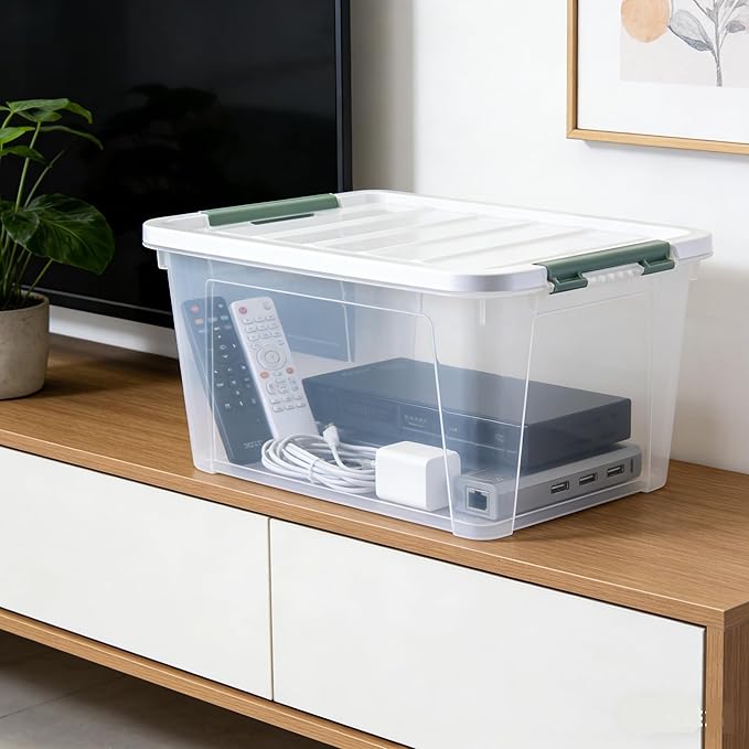 4-Pack Latching Lid Box, Large Clear Plastic Storage Bins, 35 Quart, Green Latch, Stackable Container Boxes for Home, Bathroom, Kitchen and Office Organization