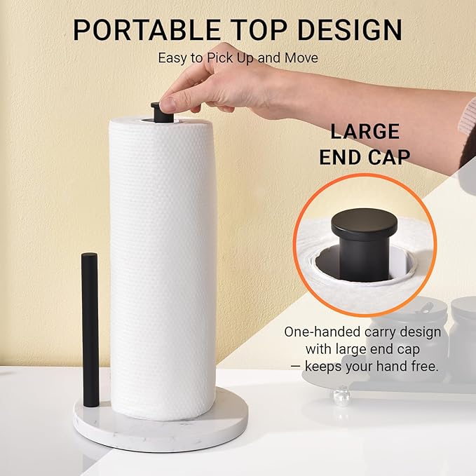 Hoooh Matte Black Paper Towel Holder Countertop with Non-Slip Marble Base - Rust-Resistant Stainless Steel, Freestanding for Kitchen Organization
