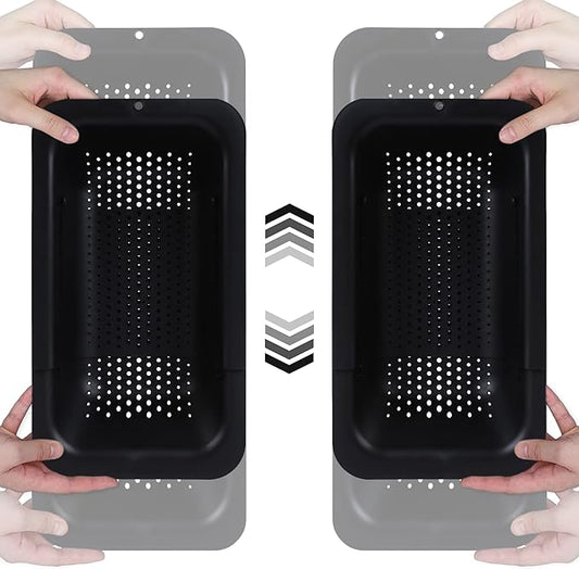 BLUE GINKGO Sink Colander Baskets - (Pack of 2) Wash Vegetables and Fruits, Drain Cooked Pasta and Dry Dishes - Extendable - New Home Kitchen Essentials (2 Black)